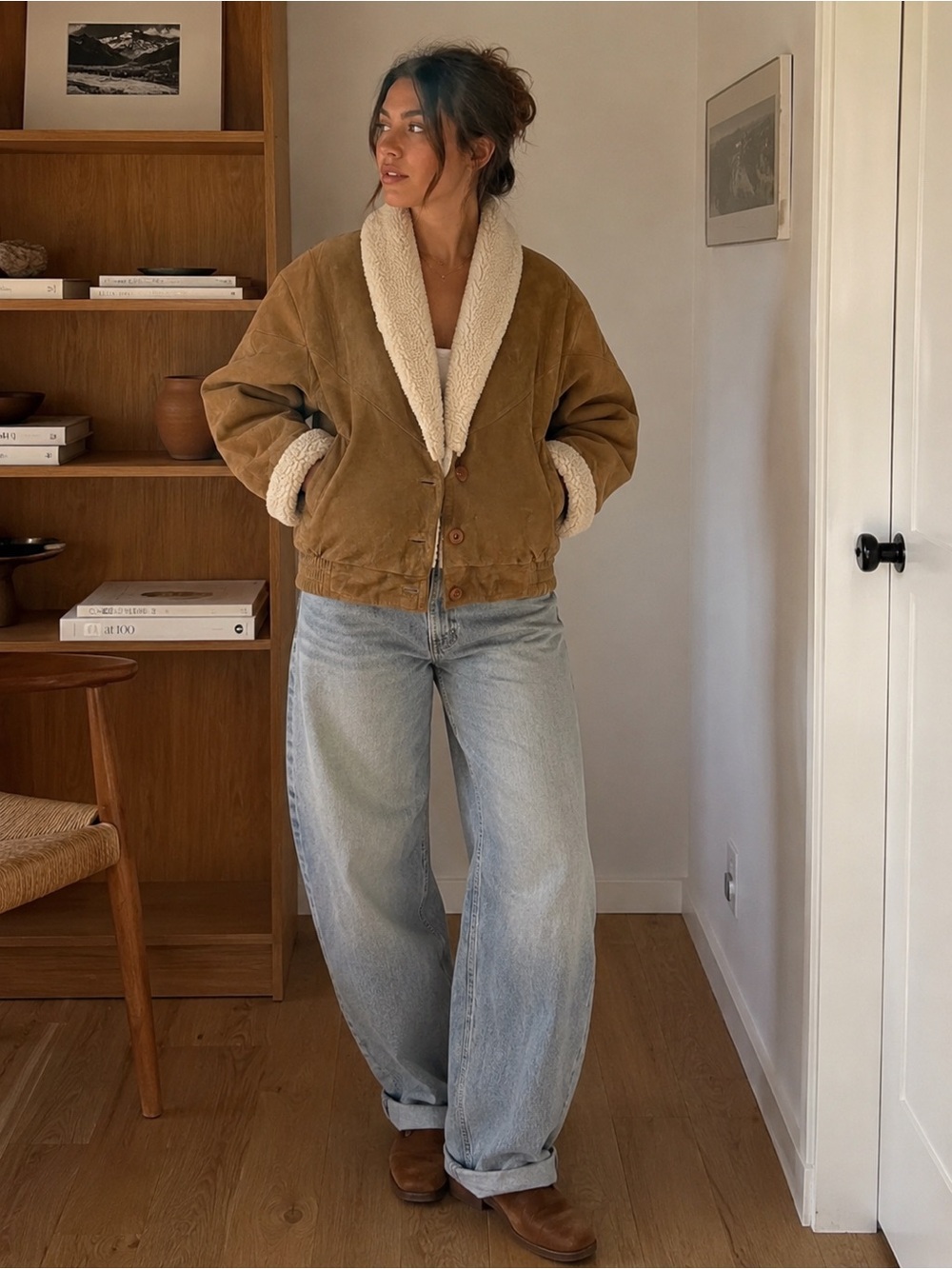 Vintage Shearling beige tan camel Leather Jacket